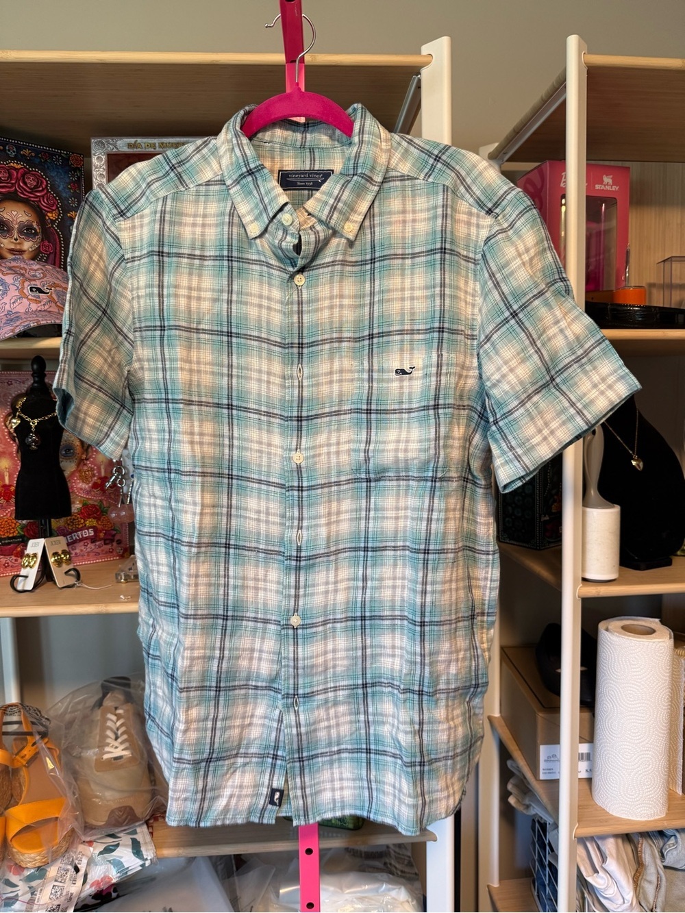 Vineyard Vines Men’s Short-Sleeve Plaid Button-Down Shirt - Light Blue NWT